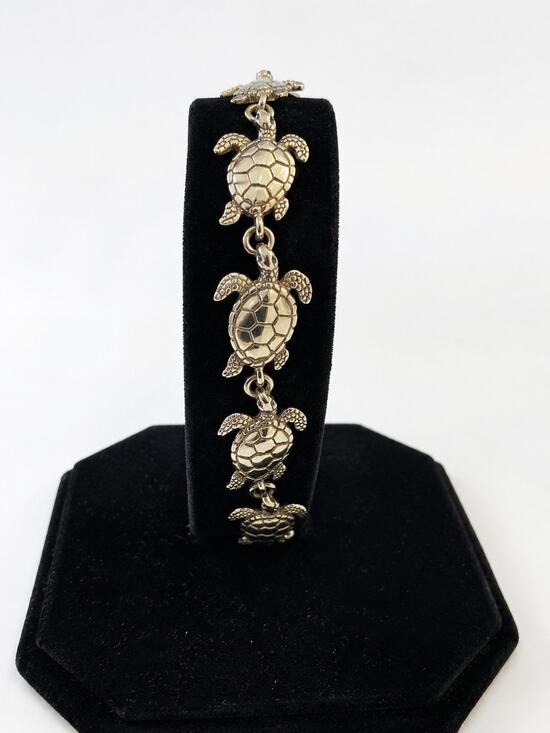 Estate Jewelry - 925 Sterling Silver Sea Turtle Link Bracelet 14.17g 7”+ Ocean Coastal Jewelry